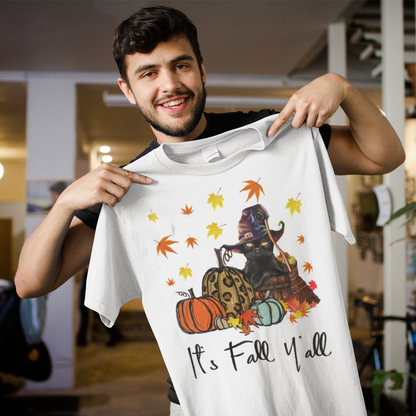 It's Fall Y'all T-Shirt with Black Cat Witch and Pumpkins Autumn Tee