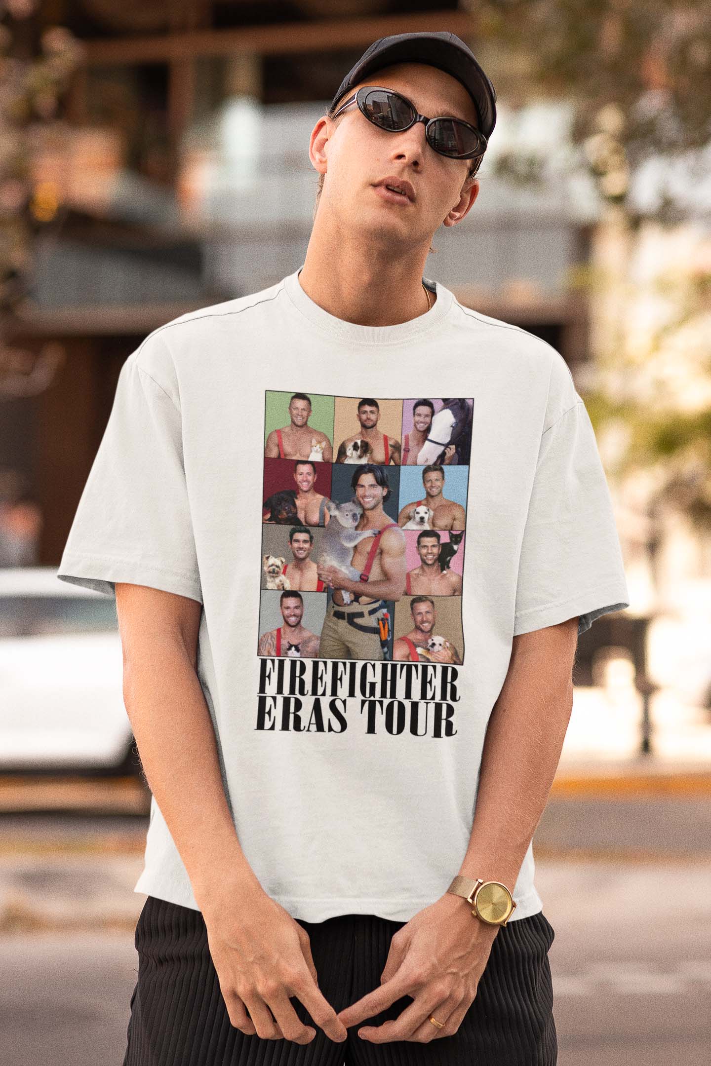 Firefighter Men with Pets Funny Graphic T-Shirt for Animal Lovers