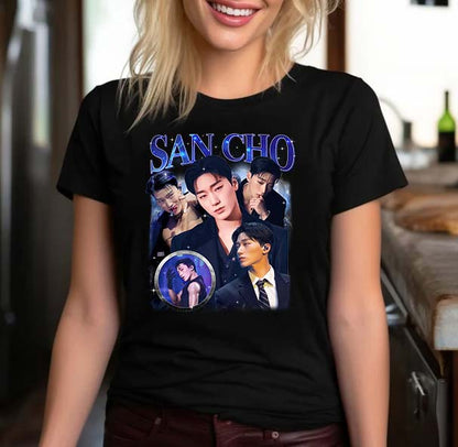 San Cho K-Pop Star Black Graphic T-Shirt – Multi-Image Fan Tribute Tee