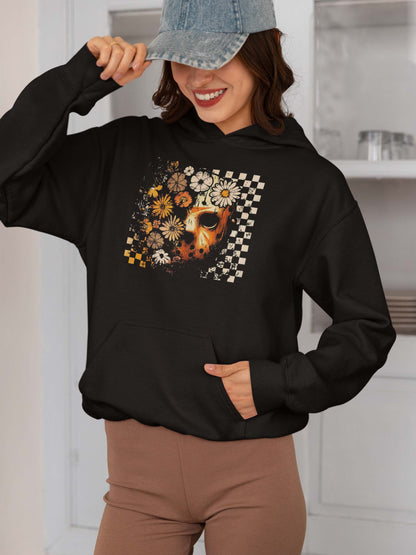 Halloween Flower Mask Black Hoodie for Women - Spooky Floral Horror Sweatshirt