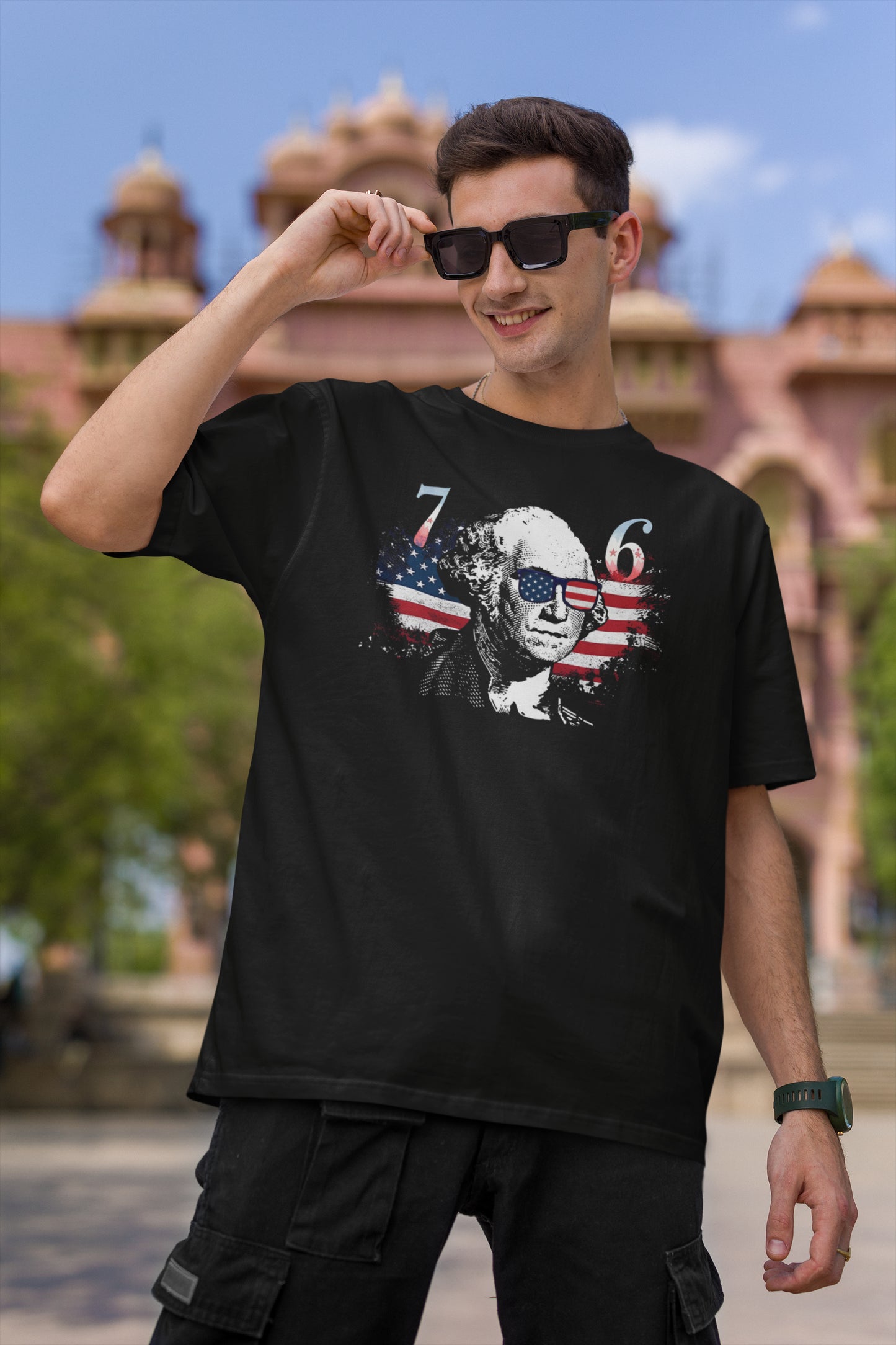 Retro 1776 American Flag George Washington Sunglasses T-Shirt