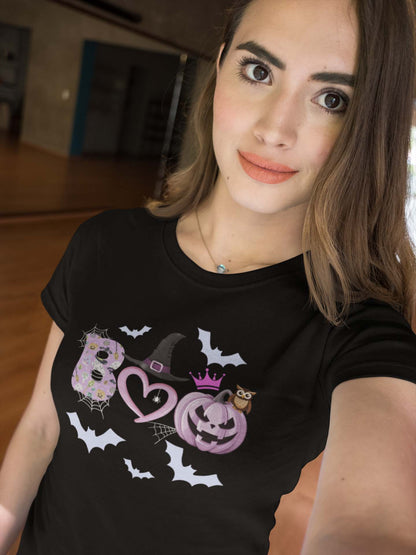 Halloween Boo T-Shirt with Witch Hat, Pumpkin, and Bat Design