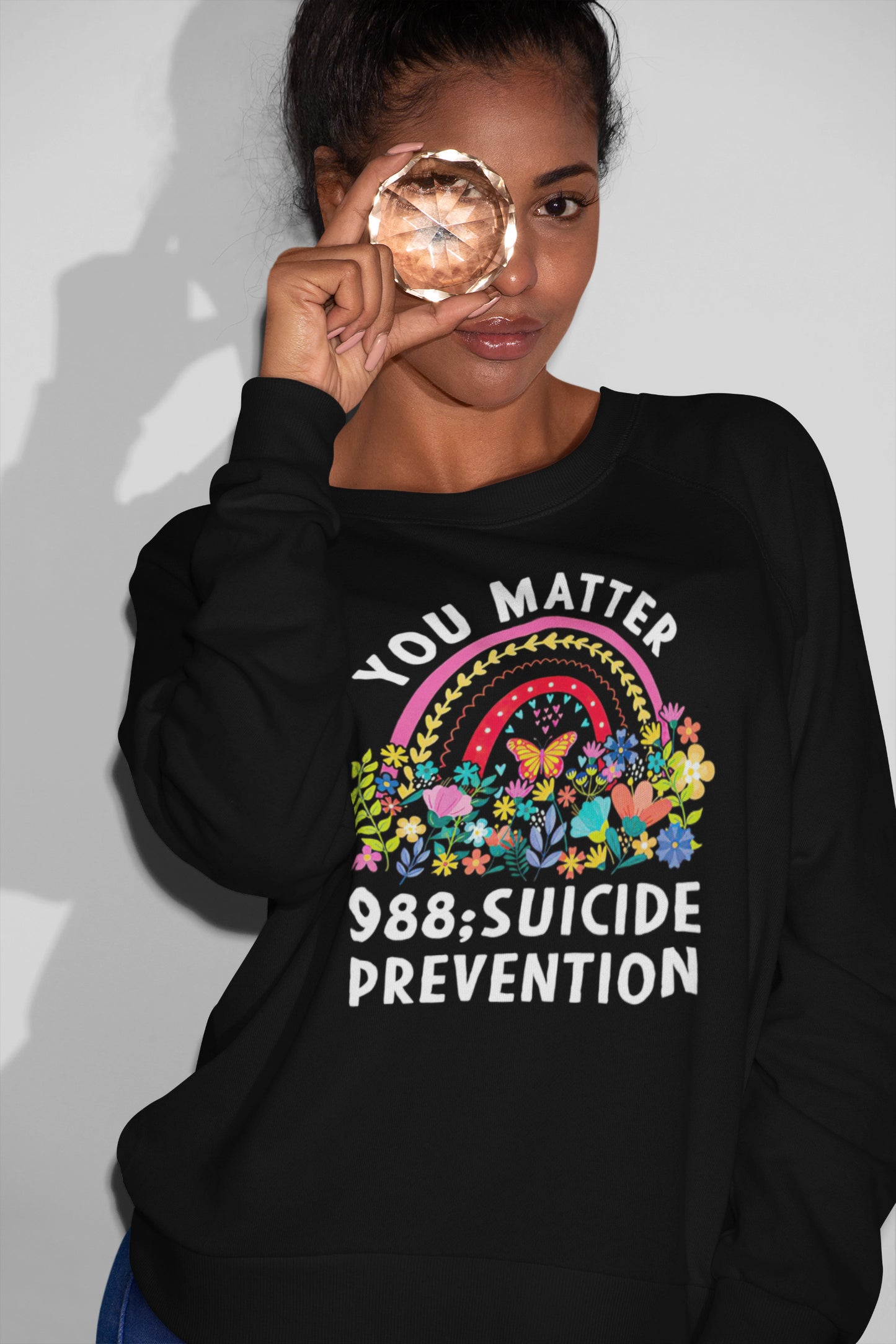 You Matter 988 Suicide Prevention Support T-Shirt with Colorful Floral Rainbow Design