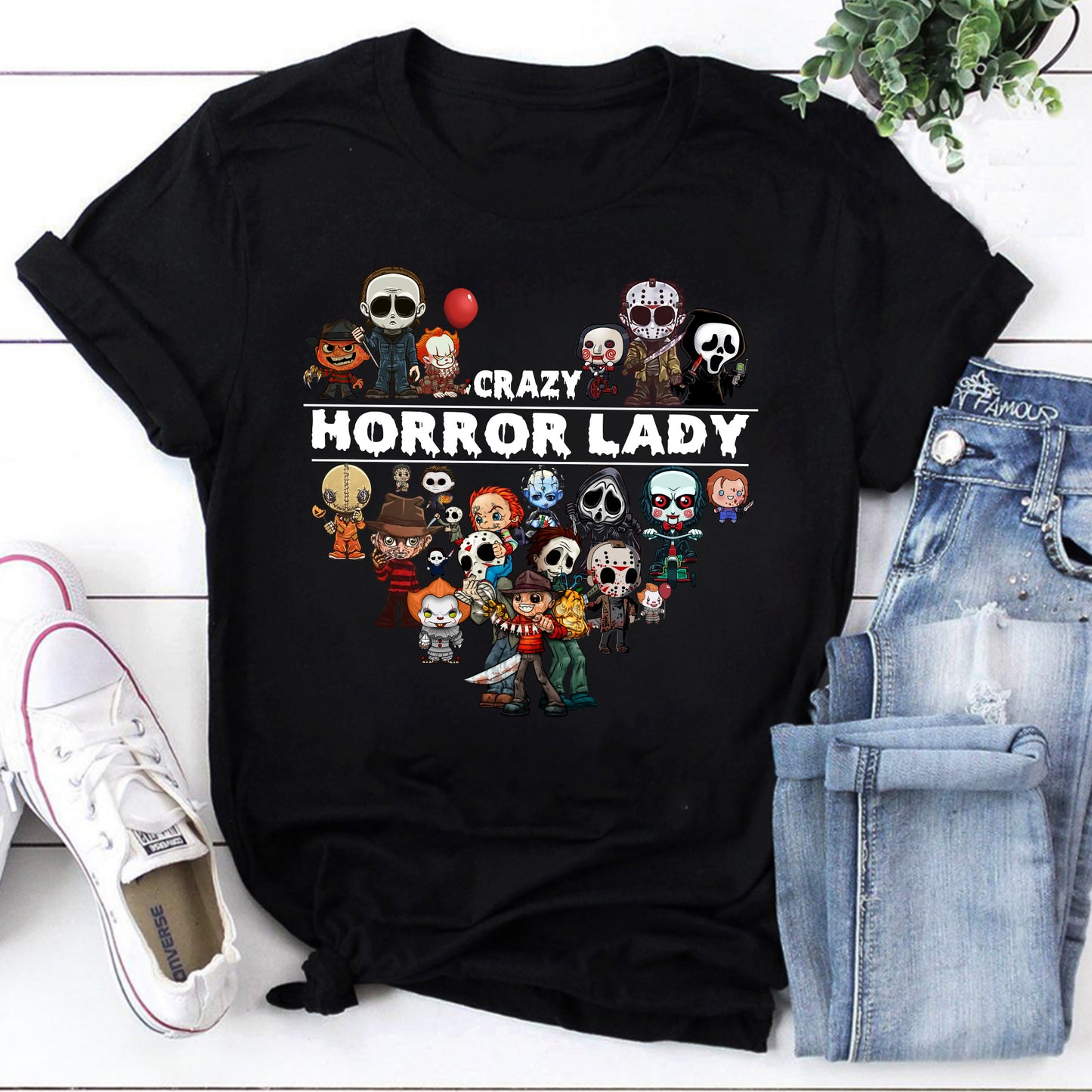 Crazy Horror Lady T-Shirt with Cute Chibi Horror Characters