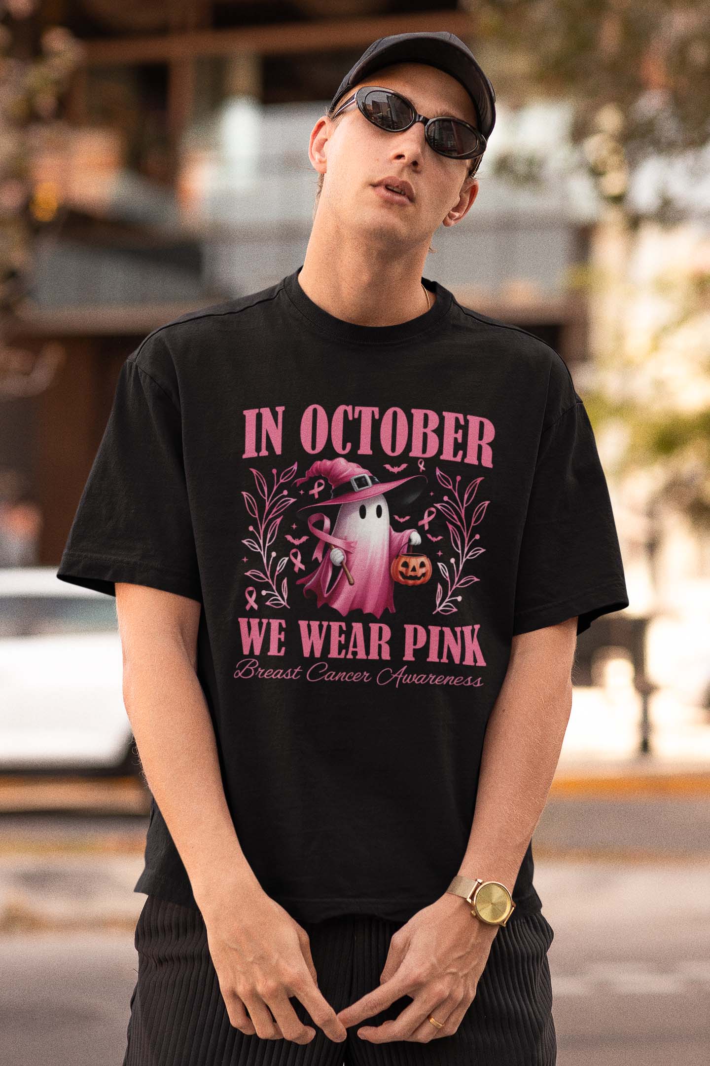 Breast Cancer Awareness October Shirt with Pink Ghost and Halloween Pumpkin