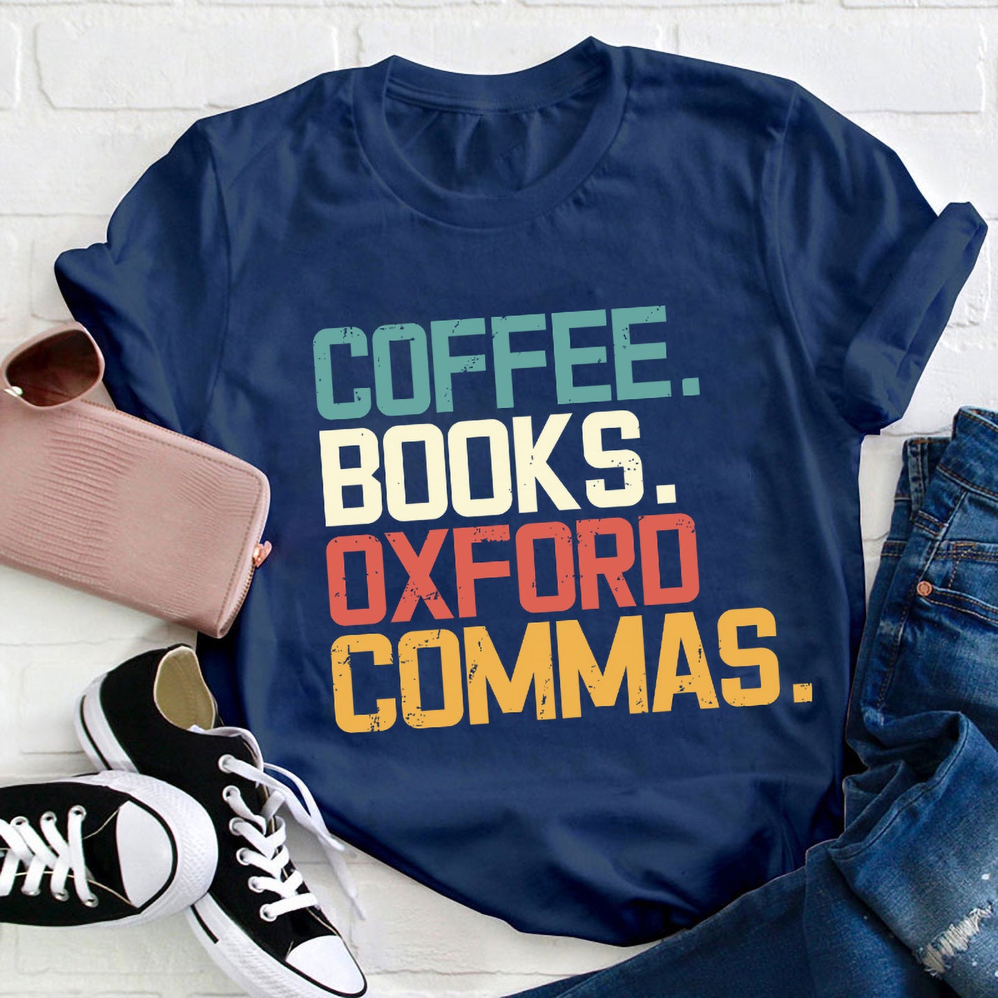 Coffee Books Oxford Commas Funny Typography Literary T-Shirt