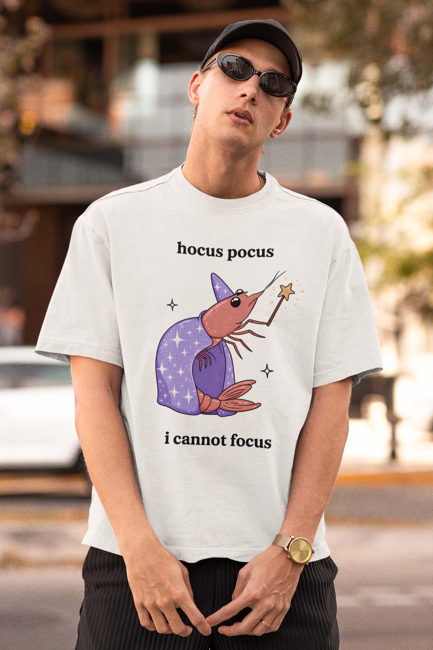 Funny Witch Shrimp T-Shirt - Hocus Pocus I Cannot Focus Cute Magic Tee