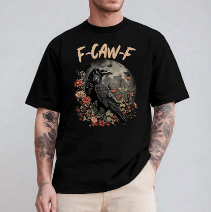 F-CAW-F Raven Bird Graphic Tee with Floral Moon Design