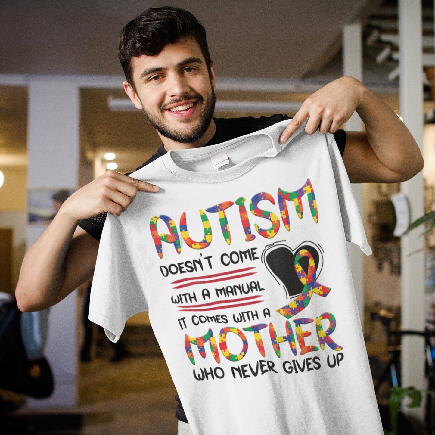 Autism Awareness Sweatshirt - Mother Never Gives Up Puzzle Ribbon Sweater