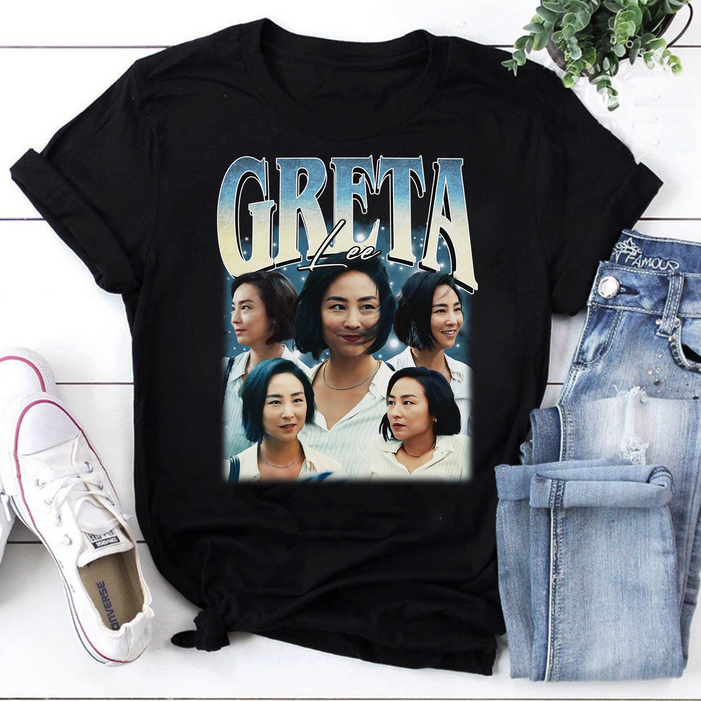 Greta Lee Collage Graphic T-Shirt - Stylish Fan Tribute Tee