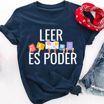 Leer Es Poder Spanish Reading Power T-Shirt with Colorful Books Graphic