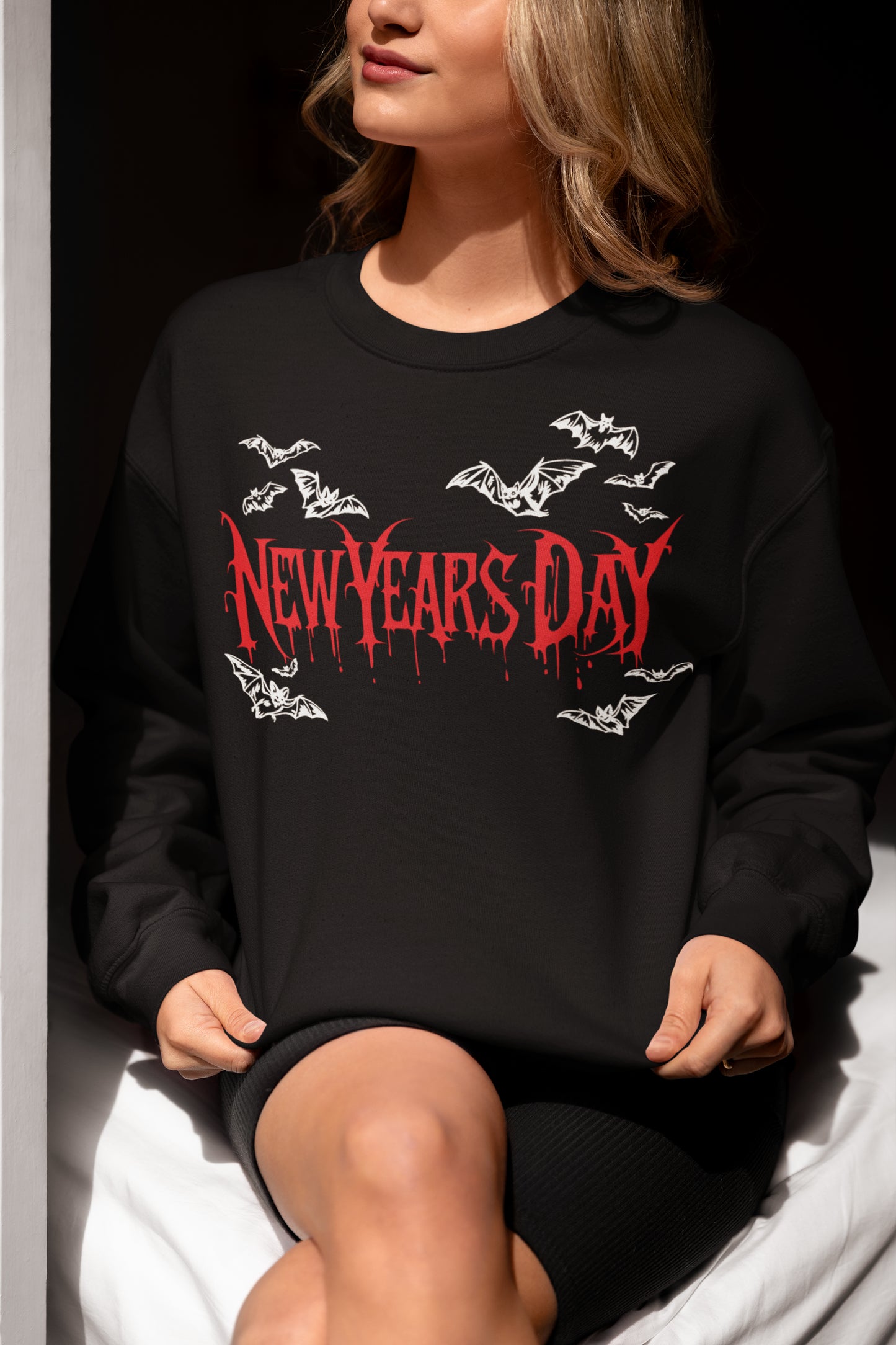 New Years Day Gothic Bat Hoodie - Spooky Red Drip Graphic Sweatshirt