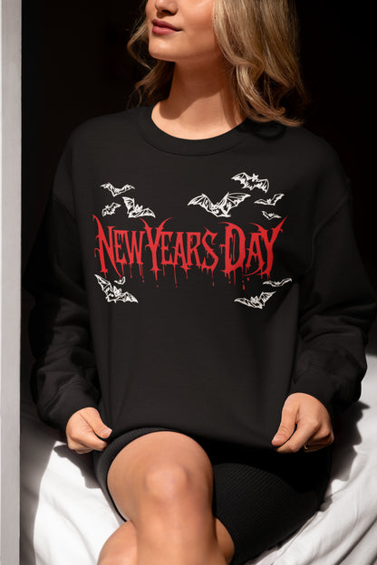 New Years Day Gothic Bat Hoodie - Spooky Red Drip Graphic Sweatshirt