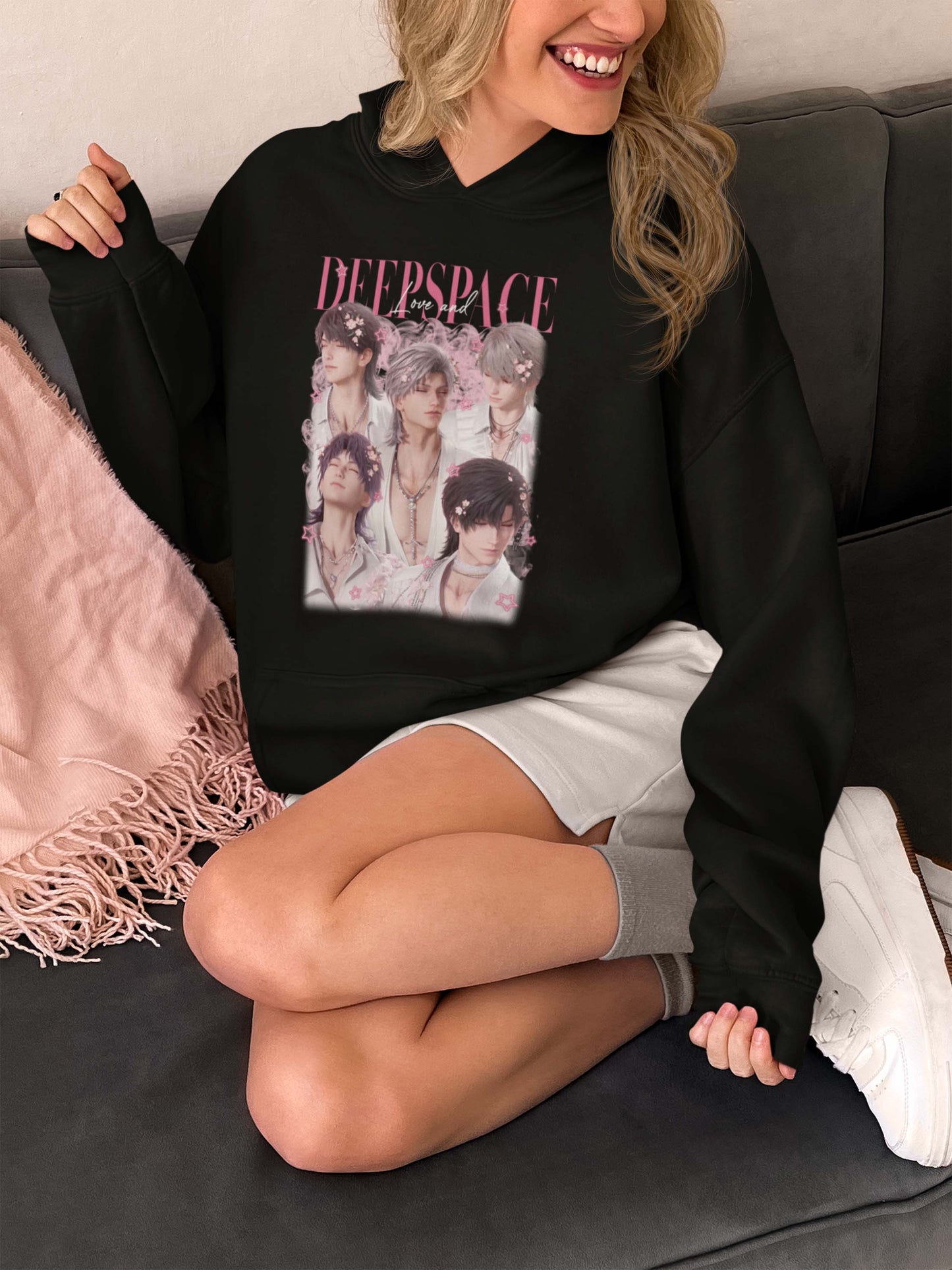 Deep Space Anime Boys Black Hoodie with Pink Floral Design