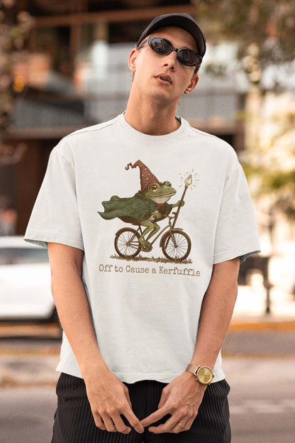 Whimsical Frog Wizard Tee - Off to Cause a Kerfuffle Magical Biking Shirt