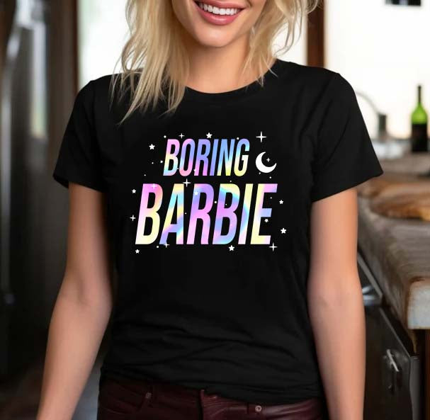 Boring Barbie Rainbow Text Black Graphic Tee
