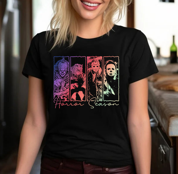 Horror Season Graphic T-Shirt - Creepy Movie Characters Design, Unique Horror Fan Gift