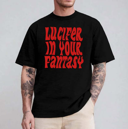 Lucifer In Your Fantasy Black Graphic Tee - Bold Red Retro Style Shirt