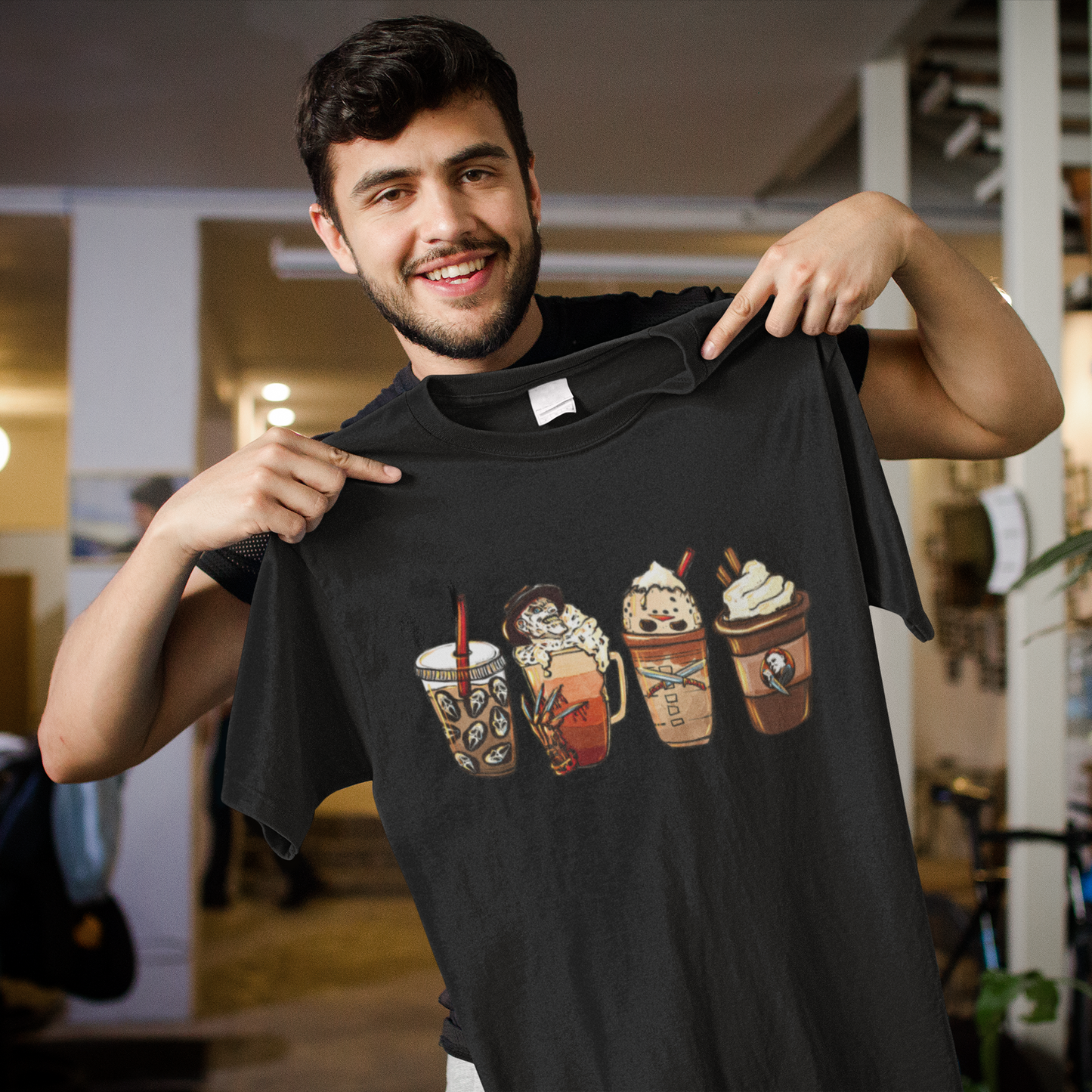 Horror Movie Inspired Coffee Drinks Sweatshirt - Halloween Themed Cozy Pullover