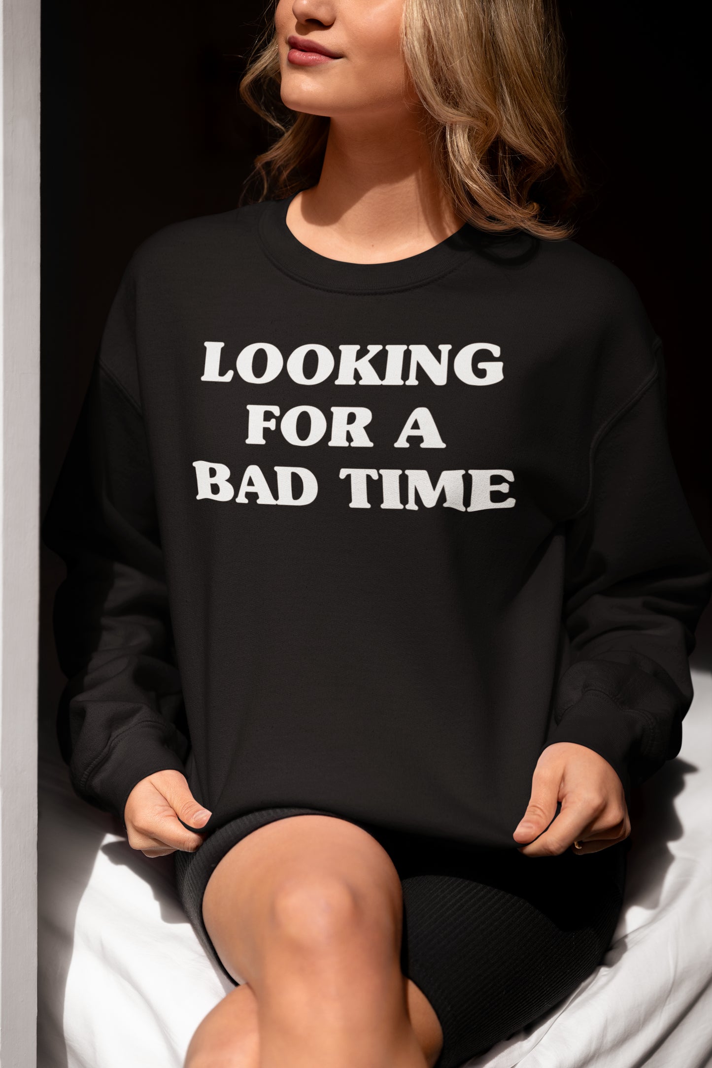 Funny Looking For A Bad Time Black Graphic Tee