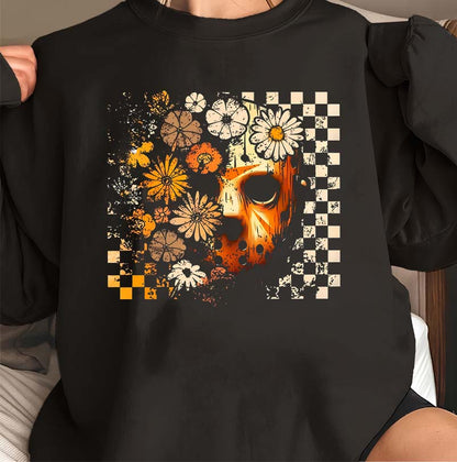 Halloween Flower Mask Black Hoodie for Women - Spooky Floral Horror Sweatshirt