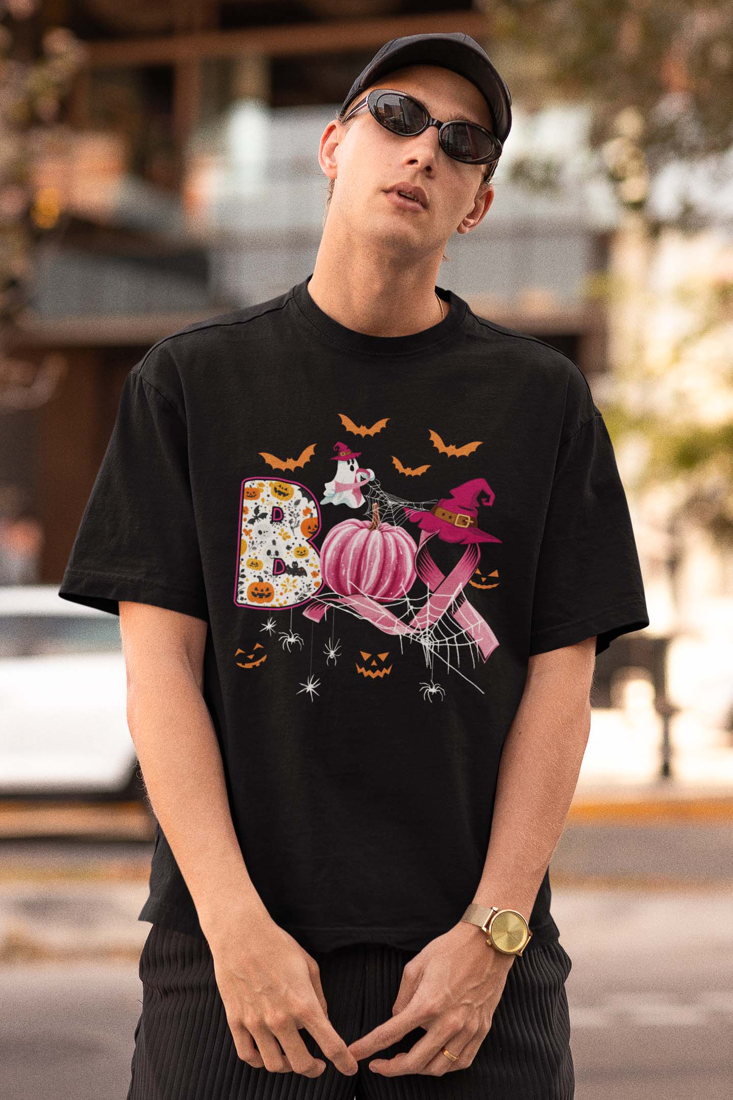 Breast Cancer Awareness Halloween Sweatshirt with Pumpkin & Spooky Design