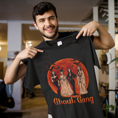 Ghoul Gang Halloween Shirt with Classic Female Monsters and Orange Moon