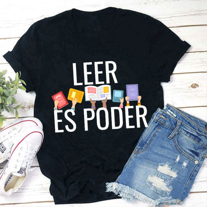 Leer Es Poder Spanish Reading Power T-Shirt with Colorful Books Graphic