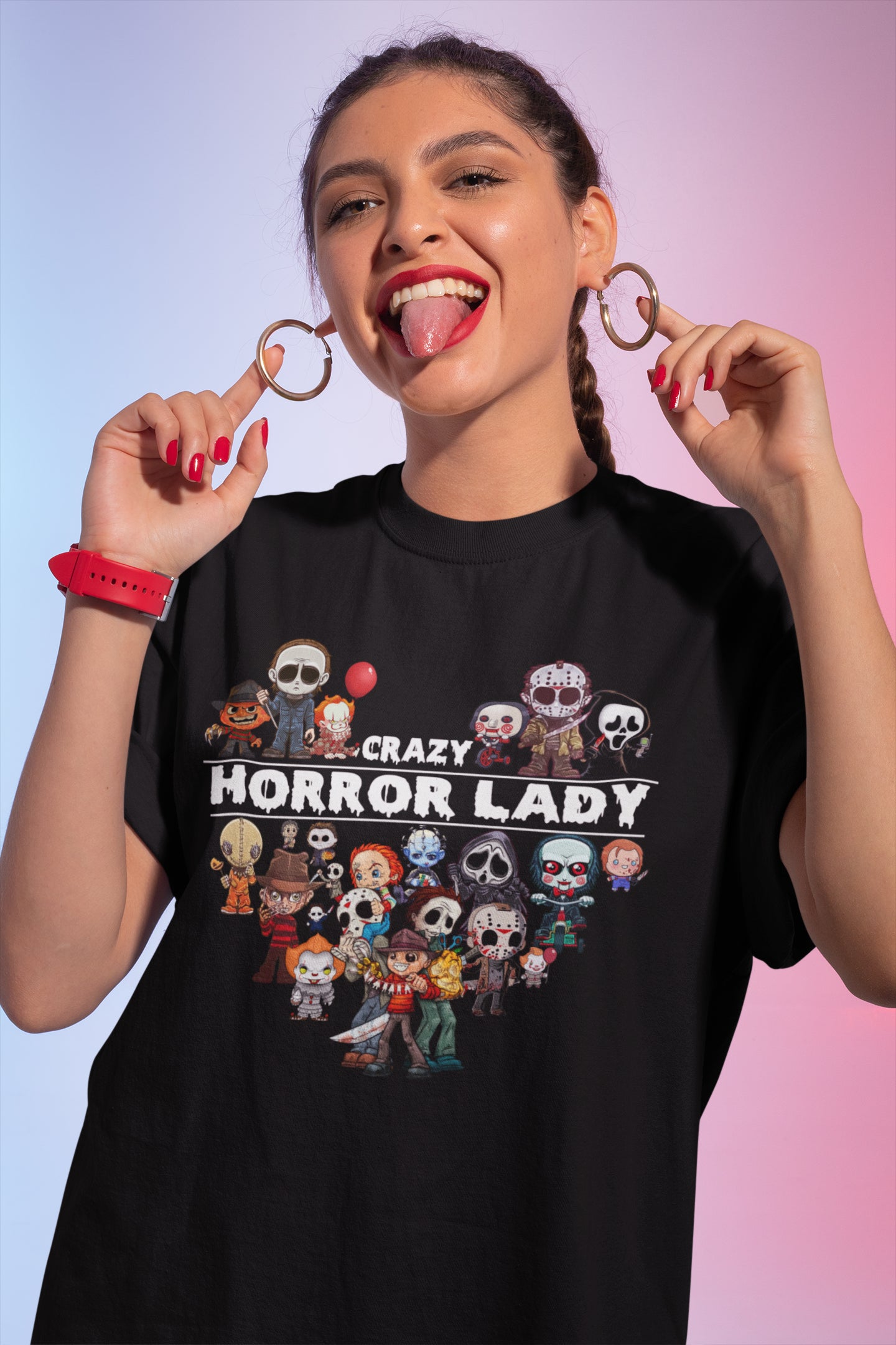 Crazy Horror Lady Shirt with Cute Horror Movie Characters