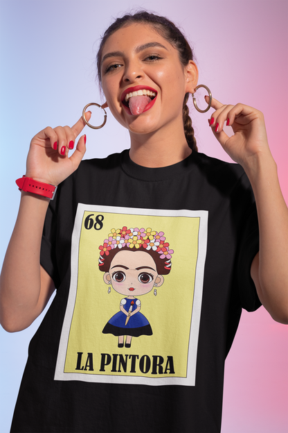 La Pintora Frida Kahlo Cartoon Art T-Shirt – Mexican Folk Art Inspired Tee
