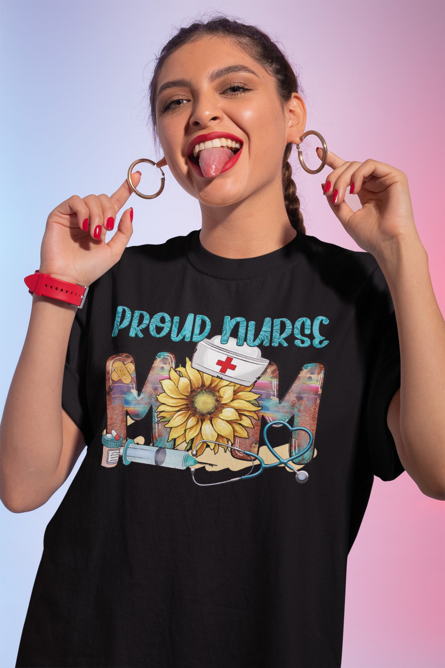 Proud Nurse Mom Sweatshirt with Sunflower and Medical Symbols