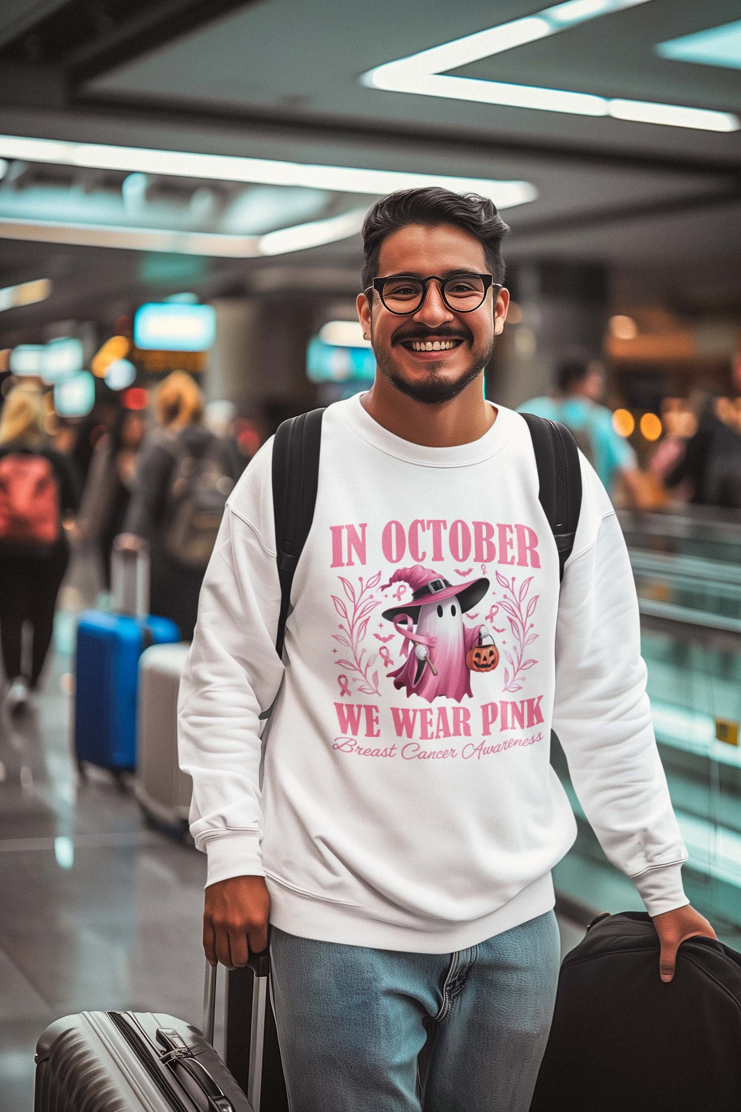 Breast Cancer Awareness October Shirt with Pink Ghost and Halloween Pumpkin
