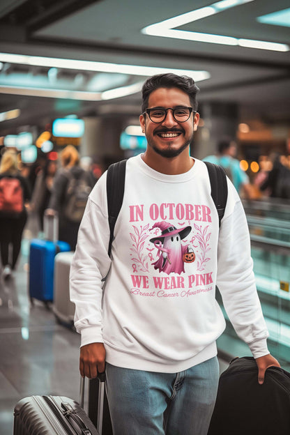 Breast Cancer Awareness October Shirt with Pink Ghost and Halloween Pumpkin