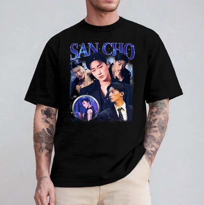 San Cho K-Pop Star Black Graphic T-Shirt – Multi-Image Fan Tribute Tee
