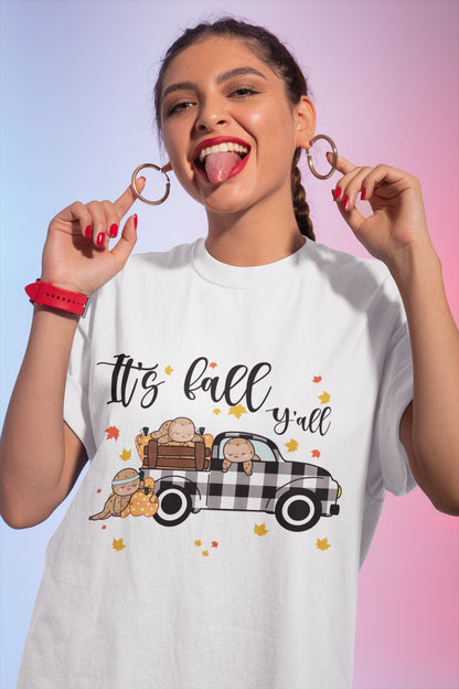 It's Fall Y'all Sweatshirt with Cute Sloths and Buffalo Plaid Truck