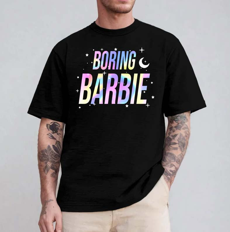 Boring Barbie Rainbow Text Black Graphic Tee