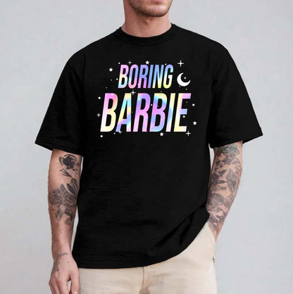 Boring Barbie Rainbow Text Black Graphic Tee