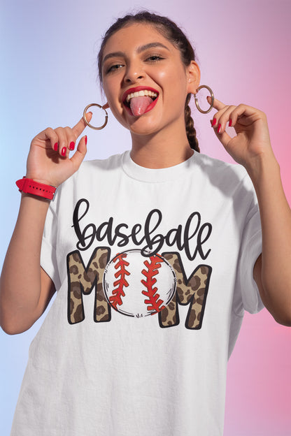Baseball Mom T-Shirt with Leopard Print and Baseball Graphic