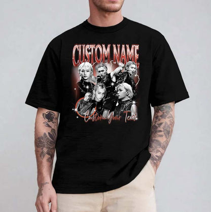 Customizable Black T-Shirt with Multiple Portraits and Name/Text Personalization