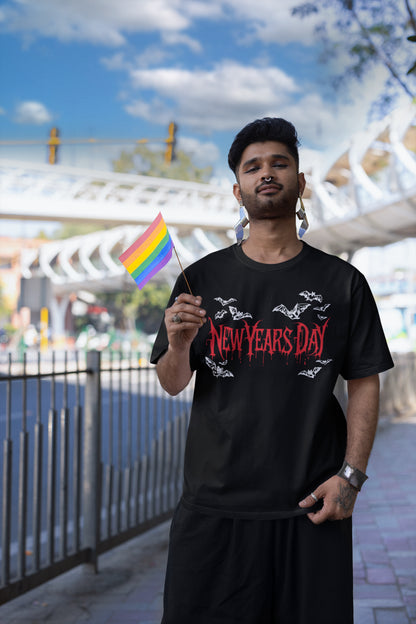 New Years Day Gothic Bat Hoodie - Spooky Red Drip Graphic Sweatshirt