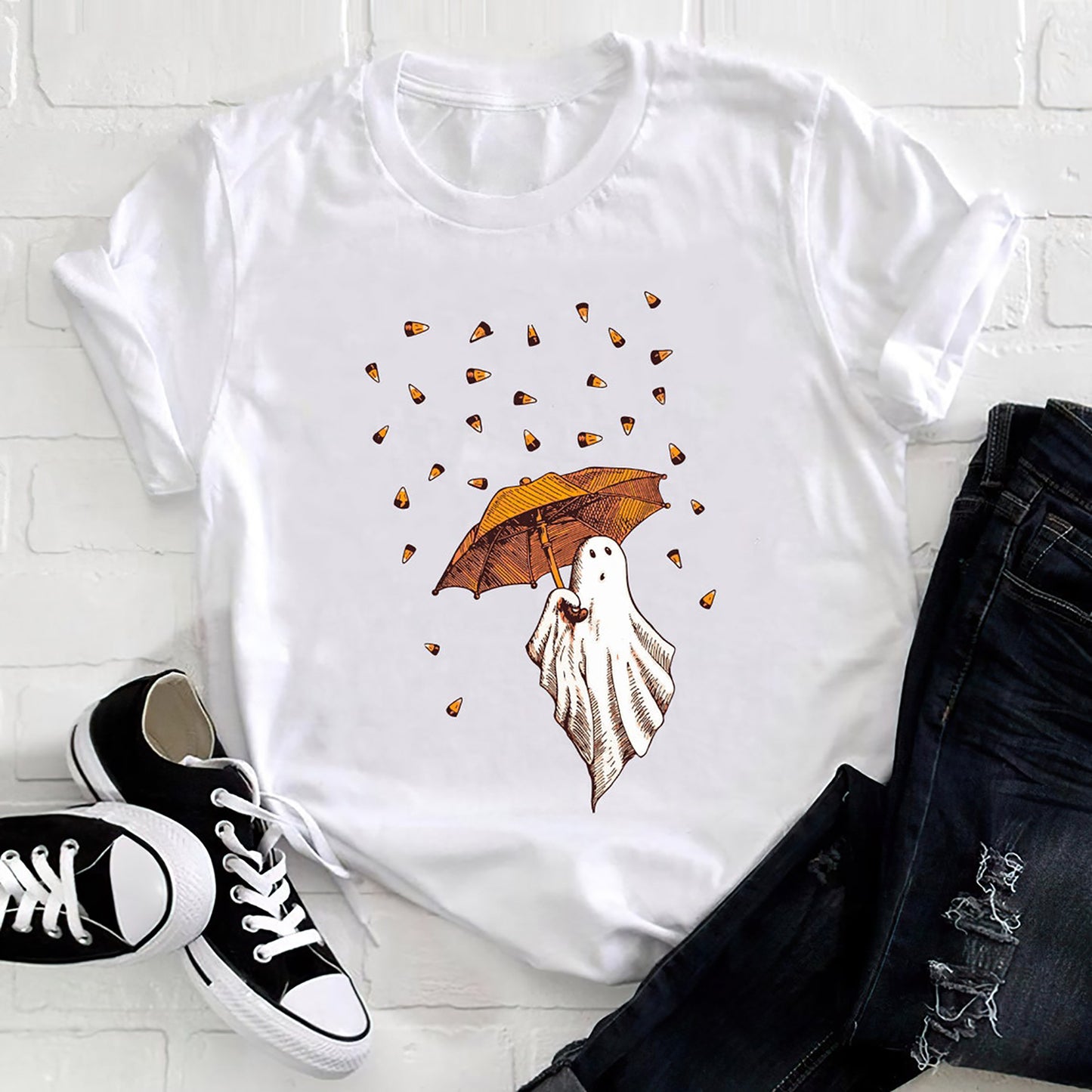 Ghost with Umbrella and Candy Corn Halloween T-Shirt