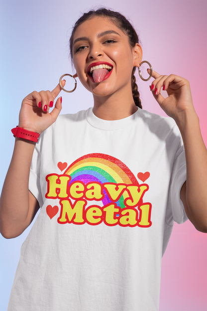 Retro Rainbow Heavy Metal T-Shirt with Bold Yellow Text