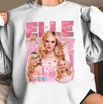 Elle Fanning Collage Graphic White Hoodie - Cute Pink Fan Art Sweatshirt