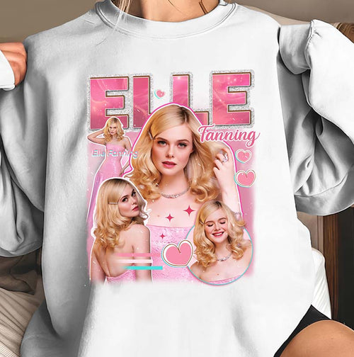 Elle Fanning Collage Graphic White Hoodie - Cute Pink Fan Art Sweatshirt