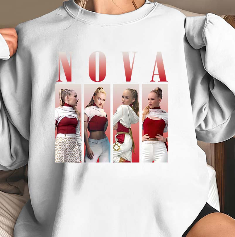 Nova Graphic Hoodie with Retro Style Model Collage - Cozy White Sweatshirt