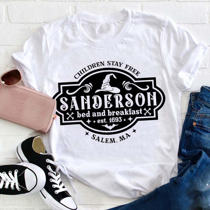 Sanderson Bed and Breakfast Salem MA Witch T-Shirt - Children Stay Free Halloween Shirt