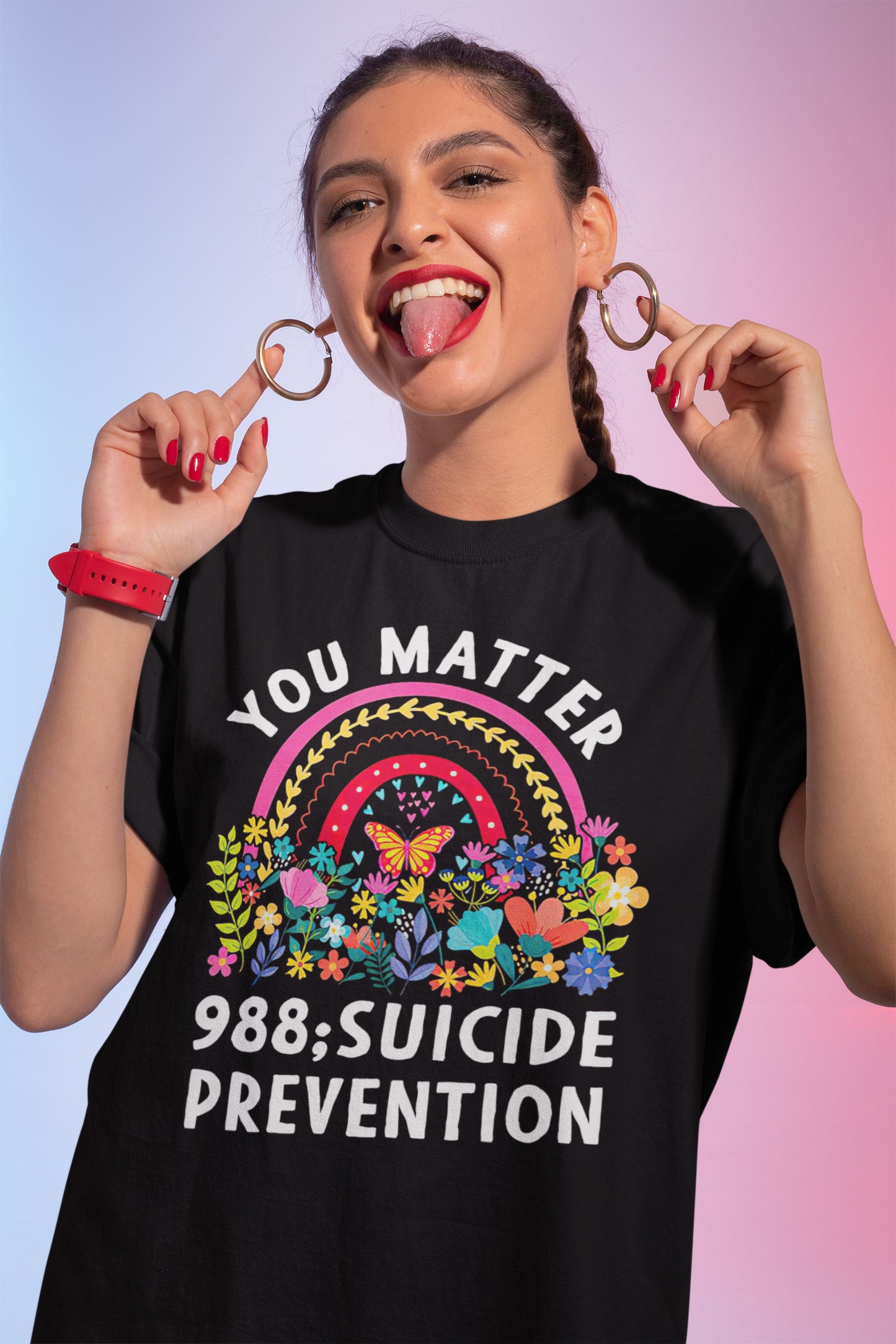 You Matter 988 Suicide Prevention Support T-Shirt with Colorful Floral Rainbow Design