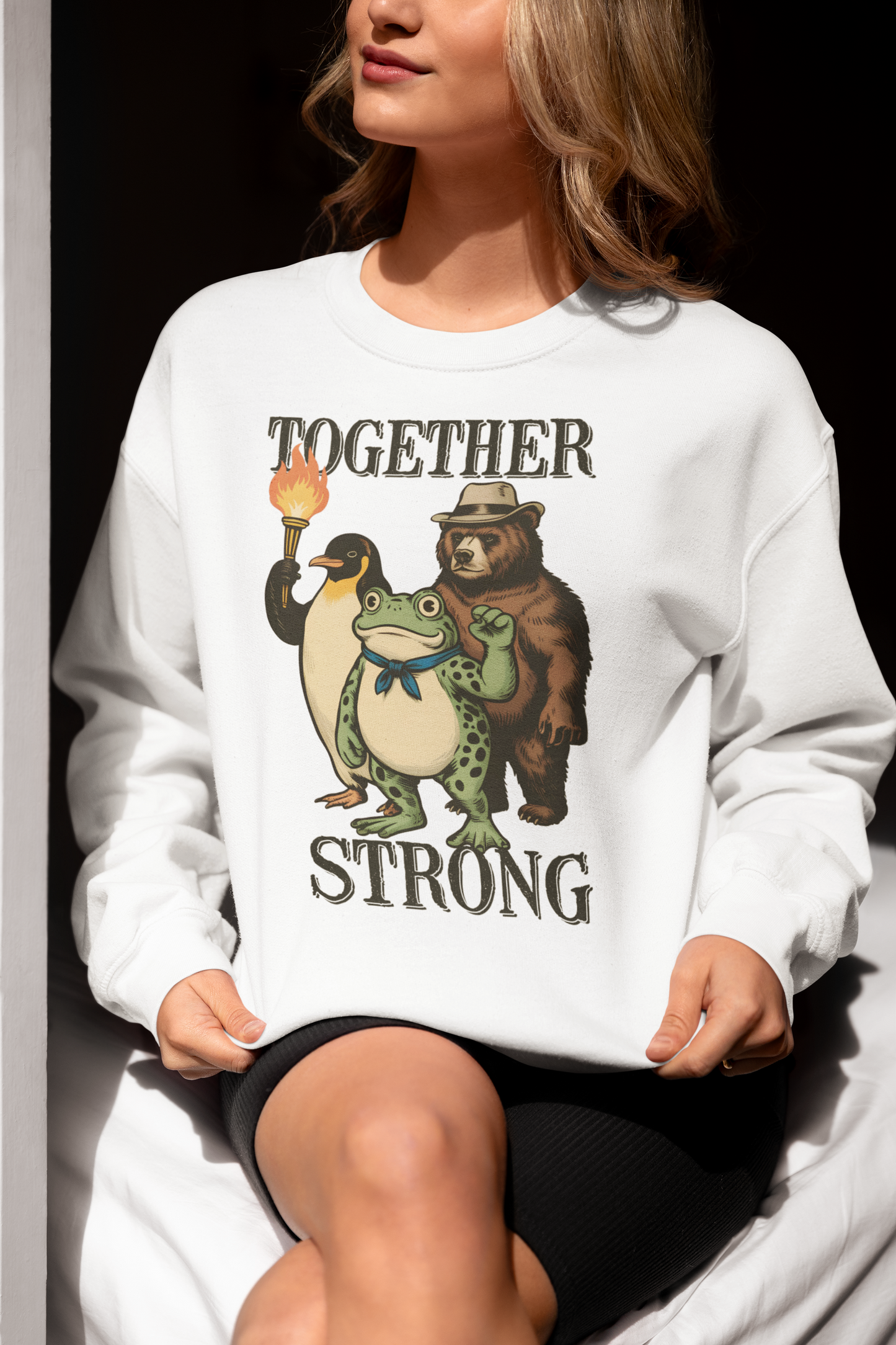 Together Strong Animal Trio Graphic Tee Frog Bear Penguin Shirt