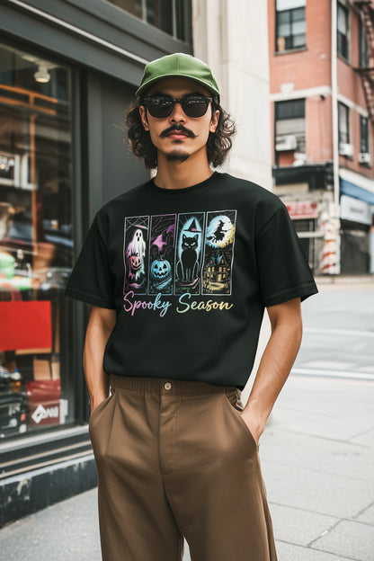 Spooky Season Halloween Hoodie with Ghost, Pumpkin, Cat, Witch House Design