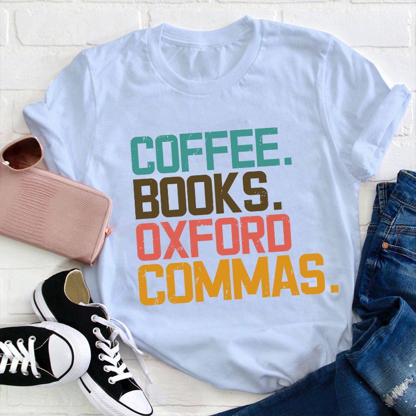 Coffee Books Oxford Commas Funny Typography Literary T-Shirt